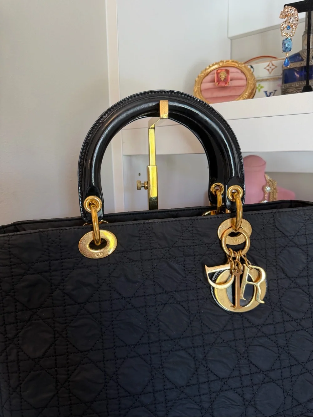 Dior Black Quilted Lady Dior Cannage Satchel Tote Bag gold Dior charm
